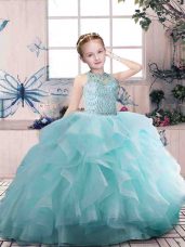 Aqua Blue Ball Gowns Organza Scoop Sleeveless Beading and Ruffles Floor Length Zipper Pageant Gowns