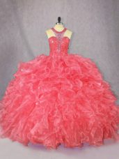 Floor Length Coral Red Quinceanera Gown Scoop Sleeveless Zipper