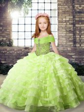 Beading and Ruffled Layers Pageant Dress for Girls Yellow Green Lace Up Sleeveless Brush Train