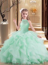 Unique High-neck Sleeveless Tulle Little Girl Pageant Dress Beading and Ruffles Lace Up