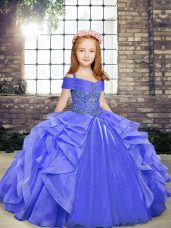 Sleeveless Organza Floor Length Lace Up Kids Pageant Dress in Blue with Beading and Ruffles