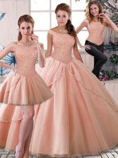 Glorious Peach Tulle Lace Up Off The Shoulder Sleeveless Ball Gown Prom Dress Brush Train Beading