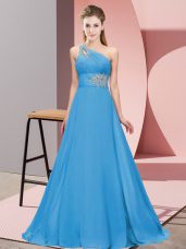 Blue Sleeveless Beading Floor Length