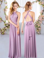 Floor Length Lavender Bridesmaid Dresses Chiffon Sleeveless Ruching