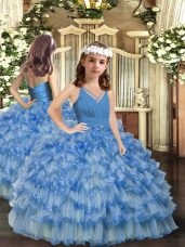 Blue Ball Gowns V-neck Sleeveless Organza Floor Length Zipper Ruffled Layers Pageant Dresses