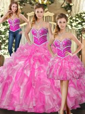 Floor Length Lace Up Sweet 16 Dress Rose Pink for Sweet 16 and Quinceanera with Beading and Ruffles