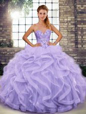 Lavender Ball Gowns Tulle Sweetheart Sleeveless Beading and Ruffles Floor Length Lace Up Quinceanera Gowns