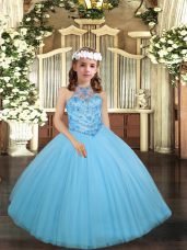 Floor Length Aqua Blue Girls Pageant Dresses Tulle Sleeveless Beading