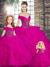 Attractive Ball Gowns Ball Gown Prom Dress Fuchsia Off The Shoulder Tulle Sleeveless Floor Length Lace Up