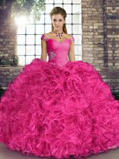 Sleeveless Lace Up Floor Length Beading and Ruffles Ball Gown Prom Dress