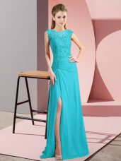 Cute Aqua Blue Column/Sheath Beading Custom Made Zipper Chiffon Sleeveless Floor Length