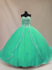 Amazing Turquoise Ball Gowns Beading Sweet 16 Quinceanera Dress Lace Up Tulle Sleeveless