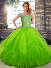 Artistic Off The Shoulder Sleeveless Quinceanera Gown Floor Length Beading and Ruffles Tulle
