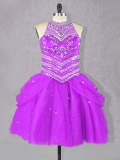 Captivating Halter Top Sleeveless Prom Gown Mini Length Beading Fuchsia Tulle