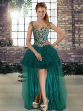 Straps Sleeveless Homecoming Dresses High Low Beading and Ruffles Dark Green Tulle
