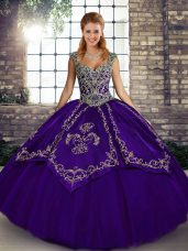 Sumptuous Purple Tulle Lace Up Quinceanera Gowns Sleeveless Floor Length Beading and Embroidery
