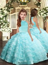 Amazing Floor Length Ball Gowns Sleeveless Aqua Blue Girls Pageant Dresses Backless