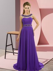 Nice Sleeveless Chiffon Brush Train Zipper Formal Dresses in Purple with Beading