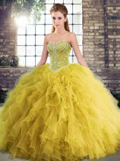 Floor Length Gold 15th Birthday Dress Sweetheart Sleeveless Lace Up
