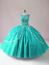 Attractive Tulle Sleeveless Floor Length Quince Ball Gowns and Beading