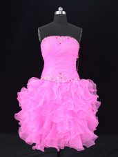 Hot Selling Organza Strapless Sleeveless Lace Up Beading Party Dress in Pink