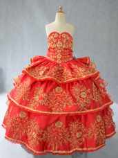 Sleeveless Floor Length Embroidery and Ruffled Layers Lace Up Little Girls Pageant Dress with Red