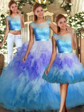 Affordable Multi-color Three Pieces Lace and Ruffles Vestidos de Quinceanera Backless Tulle Sleeveless Floor Length