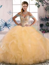 Stunning Gold Off The Shoulder Lace Up Beading Sweet 16 Dress Sleeveless