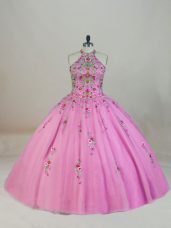 Fine Lilac Ball Gowns Appliques and Embroidery Quinceanera Gowns Lace Up Tulle Sleeveless