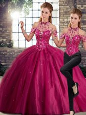 Decent Fuchsia Halter Top Lace Up Beading Ball Gown Prom Dress Brush Train Sleeveless