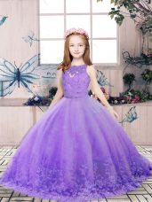 Lovely Ball Gowns Pageant Dress for Girls Lavender Scoop Tulle Sleeveless Floor Length Backless