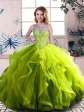 Tulle Sleeveless Floor Length 15th Birthday Dress and Beading and Ruffles