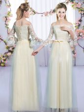 Luxury Empire Wedding Party Dress Champagne Off The Shoulder Tulle 3 4 Length Sleeve Floor Length Lace Up