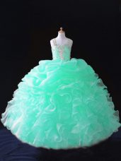 Apple Green Straps Neckline Beading and Ruffles and Pick Ups Kids Formal Wear Sleeveless Zipper