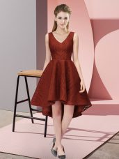 Rust Red V-neck Zipper Lace Vestidos de Damas Sleeveless