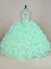 Free and Easy Fabric With Rolling Flowers Halter Top Sleeveless Brush Train Lace Up Beading and Ruffles Sweet 16 Quinceanera Dress in Apple Green