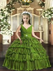 Excellent Olive Green Backless V-neck Beading and Ruffled Layers Girls Pageant Dresses Sleeveless