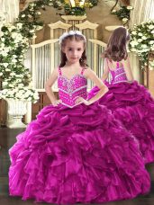 Eye-catching Floor Length Fuchsia Little Girls Pageant Dress Straps Sleeveless Lace Up