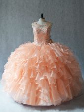 Comfortable Sleeveless Organza Floor Length Lace Up 15 Quinceanera Dress in Peach with Beading and Ruffles
