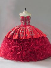 Glamorous Red Sleeveless Fabric With Rolling Flowers Brush Train Lace Up Sweet 16 Dresses for Sweet 16 and Quinceanera