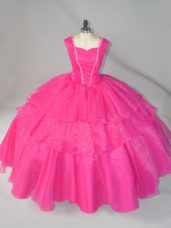 Sleeveless Organza Floor Length Lace Up Vestidos de Quinceanera in Hot Pink with Beading