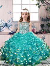 Teal Ball Gowns Organza Scoop Sleeveless Beading and Ruffles Floor Length Lace Up Little Girls Pageant Gowns