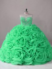 Luxury Fabric With Rolling Flowers Lace Up Sweetheart Sleeveless Quinceanera Dresses Brush Train Beading and Ruffles