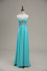 Sophisticated Sweetheart Sleeveless Prom Dress Floor Length Beading and Ruching Aqua Blue Chiffon