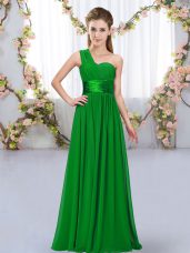 Attractive One Shoulder Sleeveless Dama Dress for Quinceanera Floor Length Belt Dark Green Chiffon