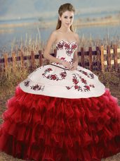 Captivating Floor Length White And Red Sweet 16 Dress Sweetheart Sleeveless Lace Up