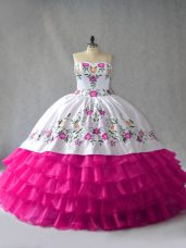 Floor Length Fuchsia Quinceanera Dress Satin and Organza Sleeveless Embroidery and Ruffled Layers