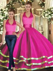 Floor Length Fuchsia Quince Ball Gowns Strapless Sleeveless Lace Up
