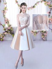 Lace and Belt Vestidos de Damas Champagne Lace Up Half Sleeves Tea Length