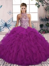 Traditional Floor Length Purple Quince Ball Gowns Tulle Sleeveless Beading and Ruffles